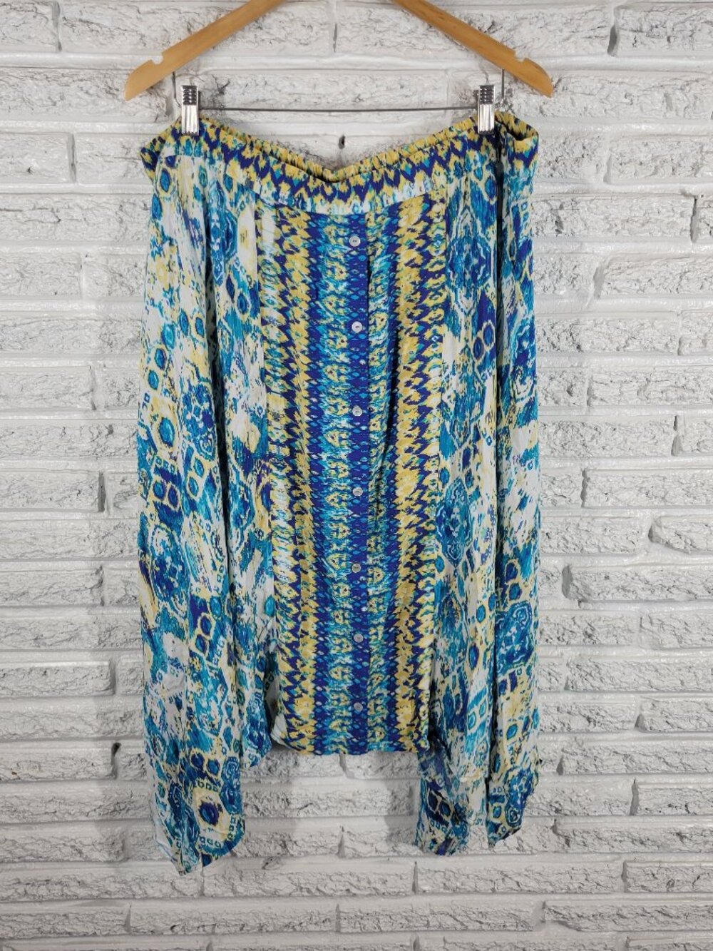 Avenue Womens Geometric Midi Skirt 22 24 Blue Yellow Handkerchief Flare GEO90E